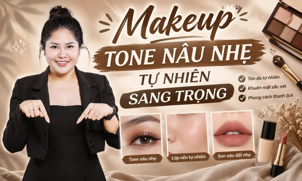 makeup tone nâu nhẹ tự nhiên sang trọng Phuong Ly Makeup